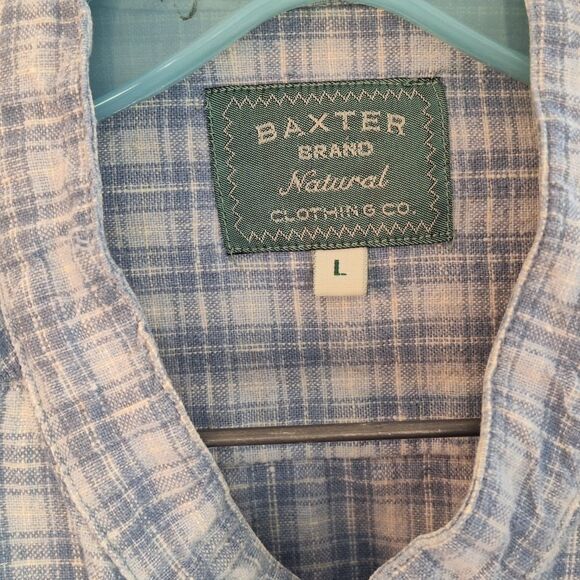 Baxter Brand Natural Clothing Shirt Linen Cotton Blend Blue Plaid L Band Collar - Picture 5 of 15